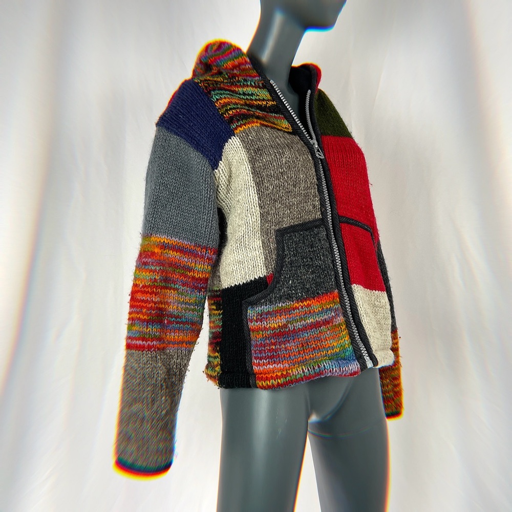 80s Multi Colored Patchwork Fleece Lined Hooded S… - image 1